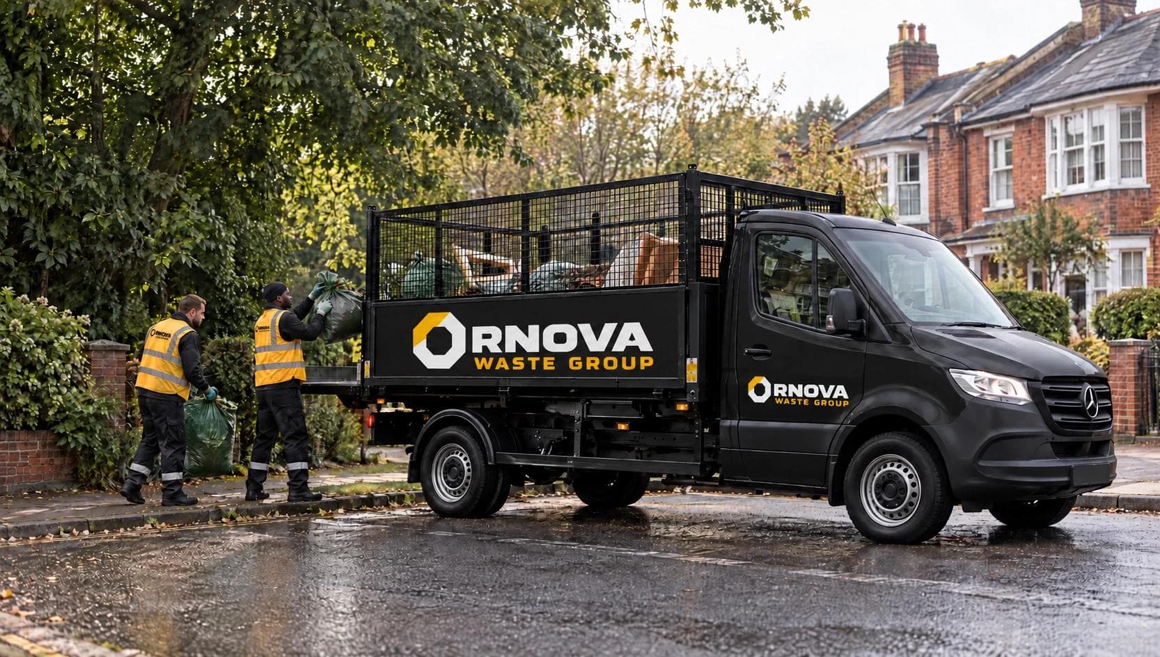Illustrative Ornova-branded black Sprinter cage tipper collecting garden waste on a residential street.
